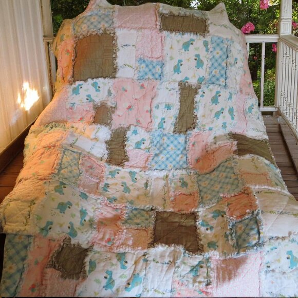 Flannel Rag Quilt 49 x 45 with Batting, Floral Dinosaur Scrappy Style Rag Quilt - Picture 11 of 11